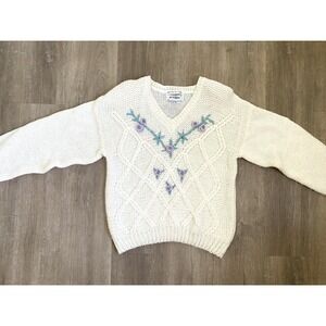 Vintage Hand Knit Sweater Slow M Flower‎ Floral Soft Cozy Grandma Cottagecore